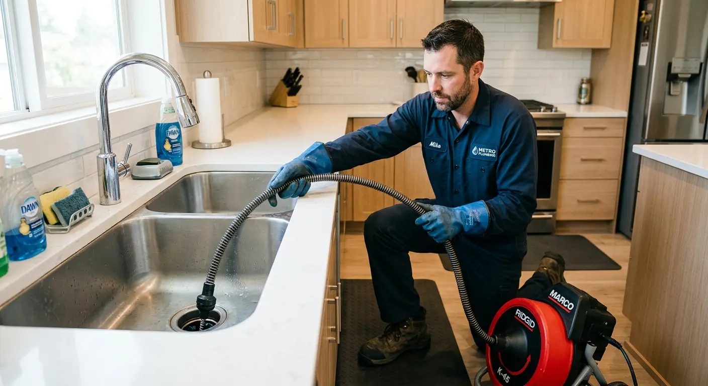 Drain cleaning technician using a motorized snake on a kitchen sink in Casper