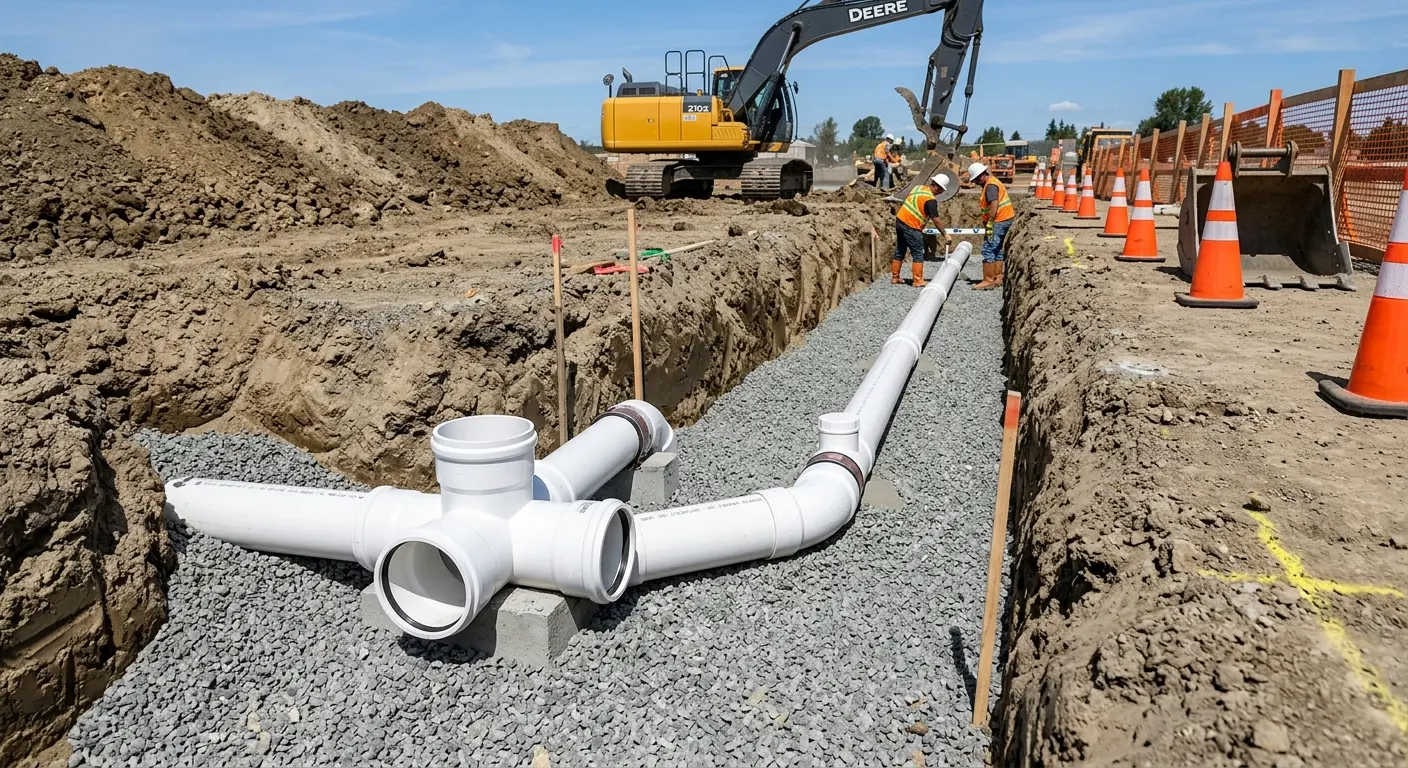 New PVC sewer pipe installation in open trench for Commercial Drain Cleaning in Casper