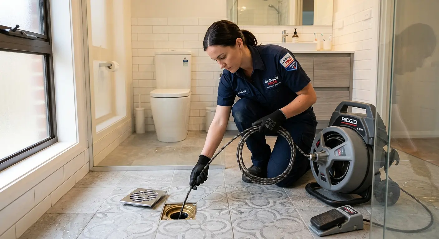 Technician clearing a bathroom floor drain for Drain Repair in Casper